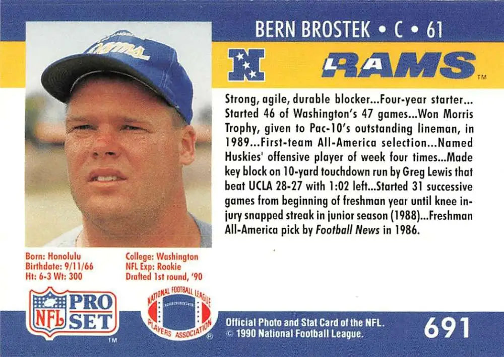 Vintage NFL Pro Set football card of Bern Brostek, Los Angeles Rams rookie player