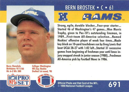 Vintage NFL Pro Set football card of Bern Brostek, Los Angeles Rams rookie player
