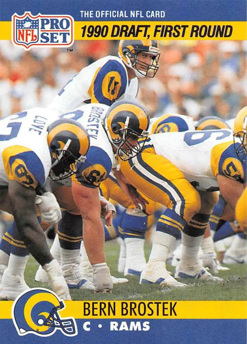 1990 Pro Set #691 Bern Brostek NM-MT RC Los Angeles Rams football card at the line of scrimmage
