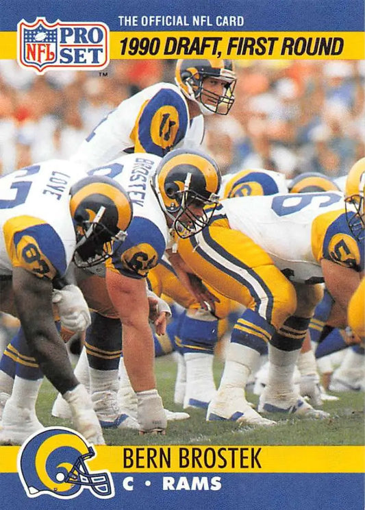 1990 Pro Set #691 Bern Brostek NM-MT RC Los Angeles Rams football card at the line of scrimmage
