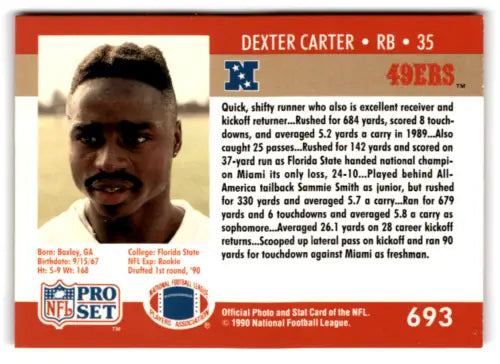 1990 Pro Set Dexter Carter football card with original gloss, EX/NM condition