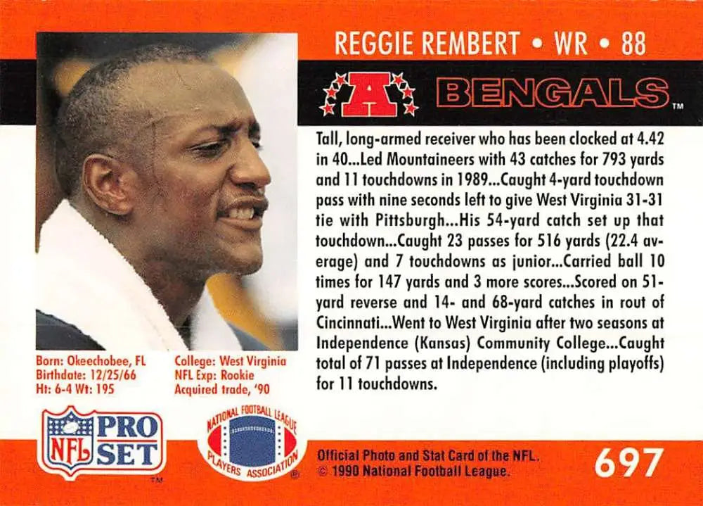 NFL trading card of Reggie Rembert, Cincinnati Bengals Rookie from 1990 Pro Set