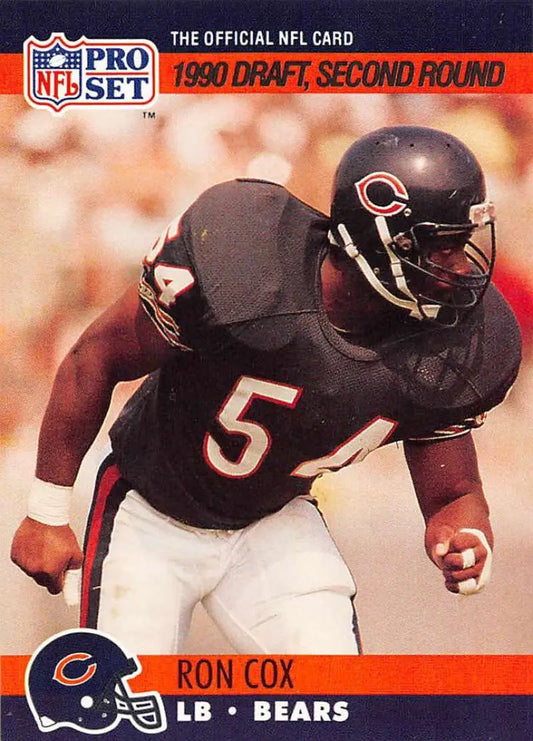 NFL Pro Set football card of Ron Cox, Chicago Bears linebacker, in navy jersey number 5
