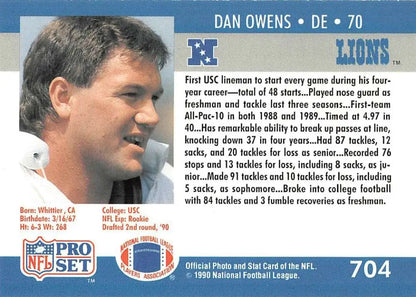 Detroit Lions football card featuring Dan Owens from 1990 Pro Set Rookie collection