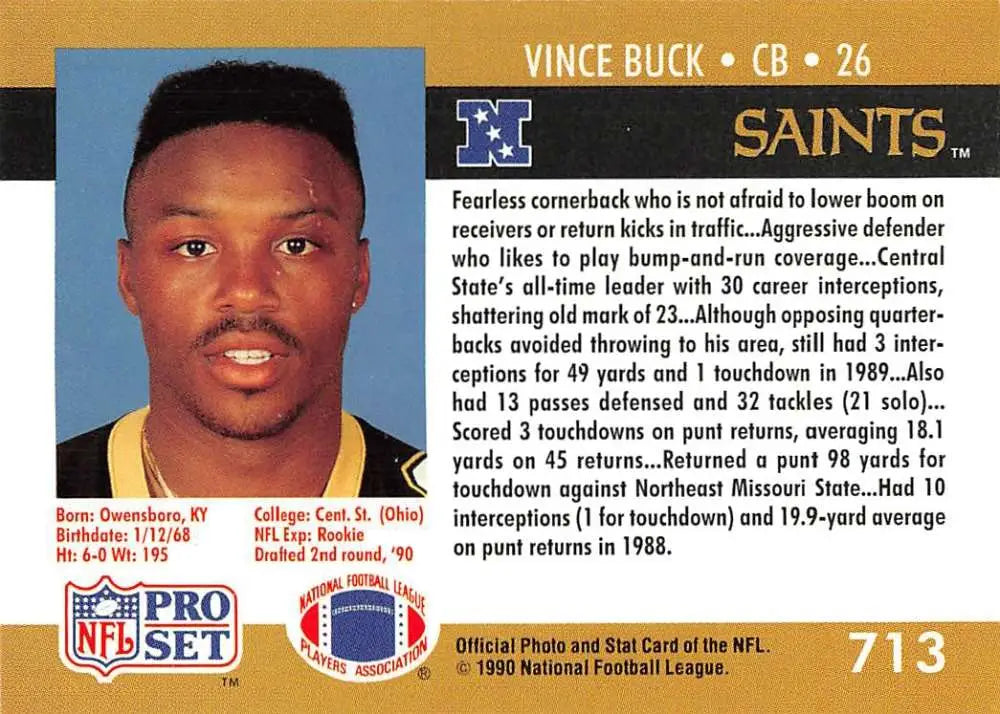 NFL trading card of Vince Buck, New Orleans Saints cornerback, from Pro Set 1990