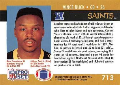 NFL trading card of Vince Buck, New Orleans Saints cornerback, from Pro Set 1990