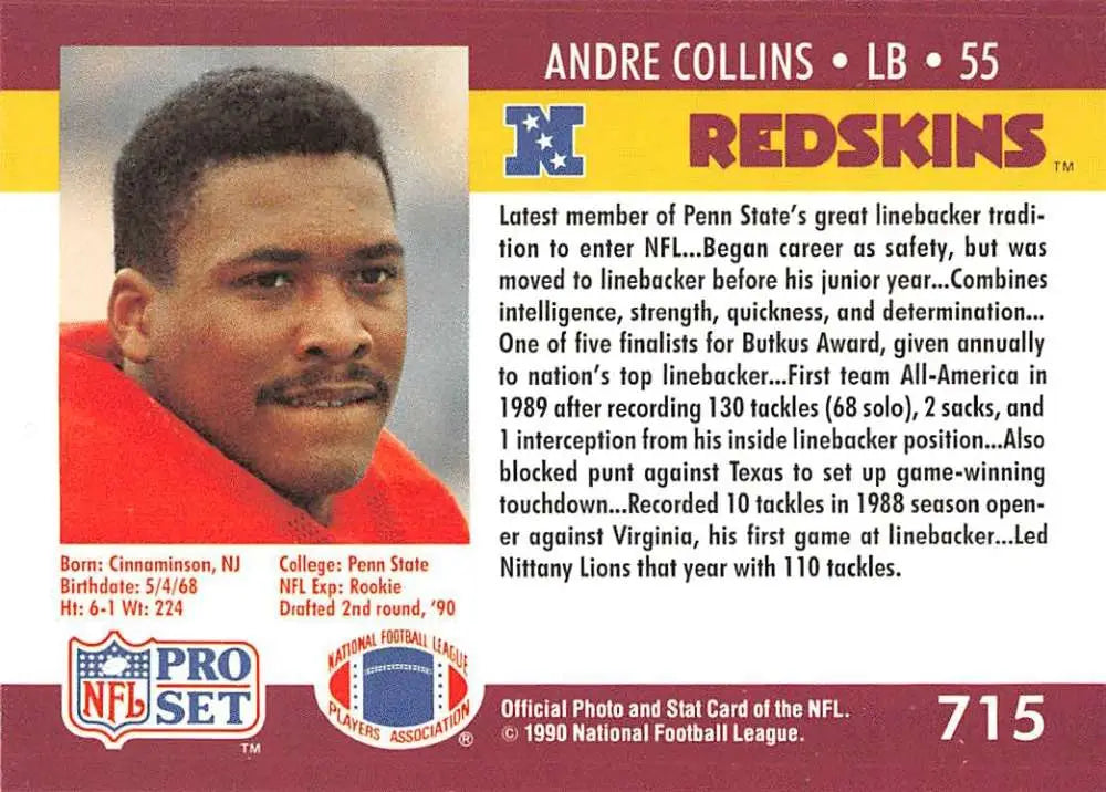 NFL Trading Card of Andre Collins, Washington Redskins, Pro Set 1990 Rookie Card