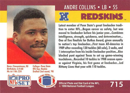 NFL Trading Card of Andre Collins, Washington Redskins, Pro Set 1990 Rookie Card