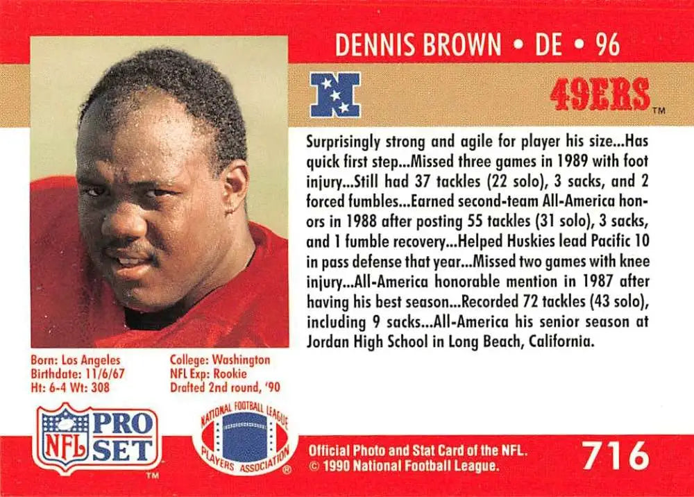 1990 NFL Pro Set trading card featuring Dennis Brown of the San Francisco 49ers