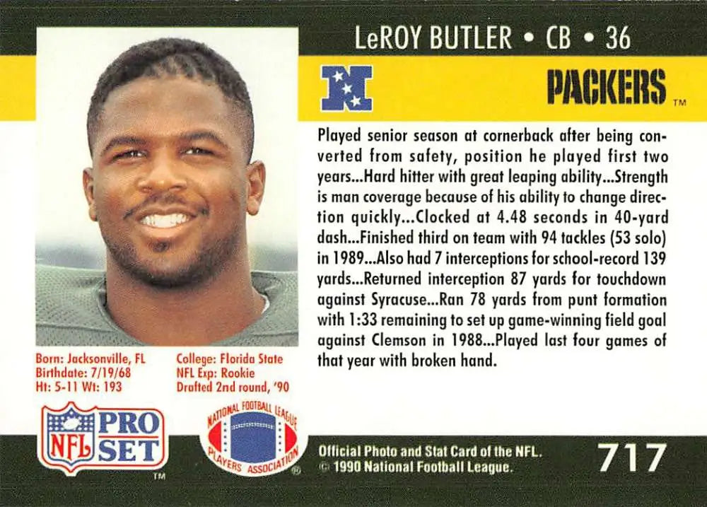 NFL trading card of LeRoy Butler, Green Bay Packers cornerback from 1996