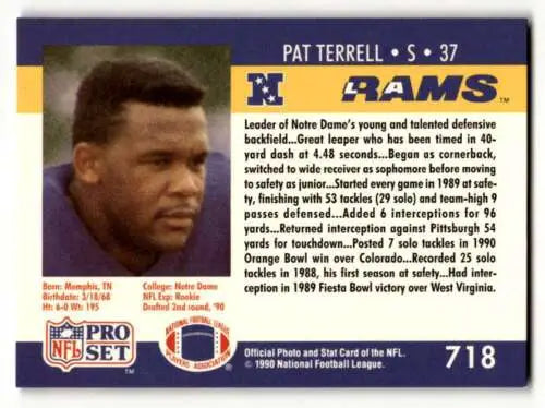 1990 Pro Set 718b Pat Terrell Los Angeles Rams football card in original gloss condition