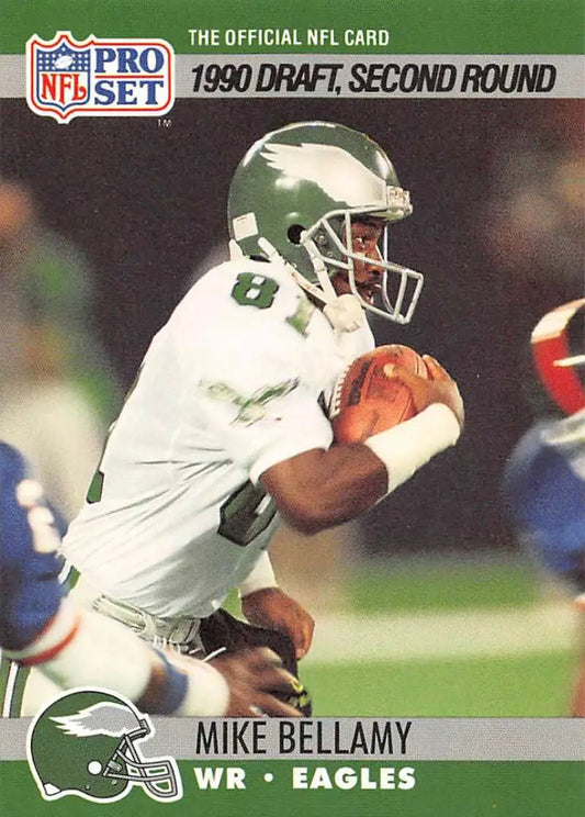 NFL Pro Set trading card of Mike Bellamy, Philadelphia Eagles player in green uniform