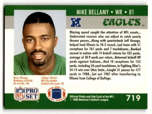 Mike Bellamy Philadelphia Eagles football card with original gloss 1990 Pro Set #719