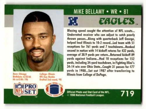 Mike Bellamy Philadelphia Eagles football card with original gloss from 1990 Pro Set
