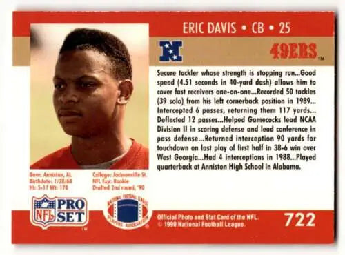 1990 Pro Set #722 Eric Davis San Francisco 49ers football card with original gloss