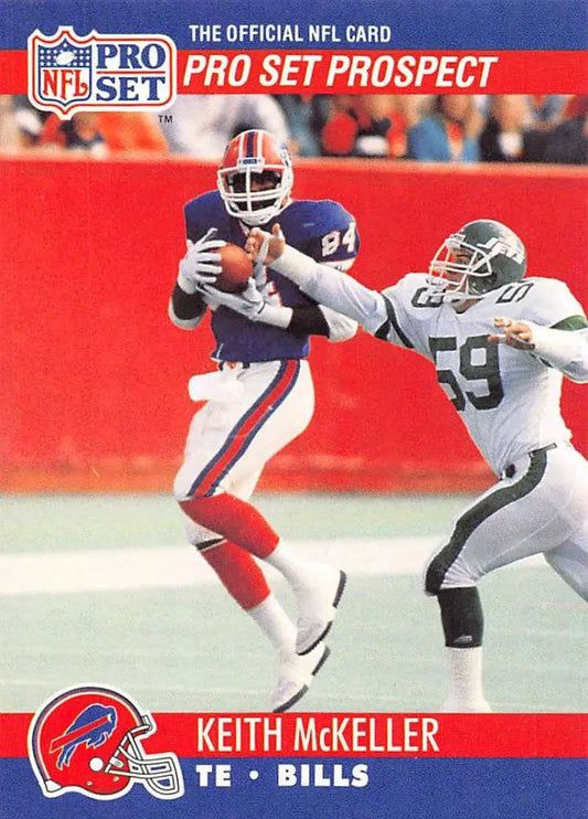 NFL Pro Set trading card of Keith McKeller with the Buffalo Bills pursued by a Raiders defender