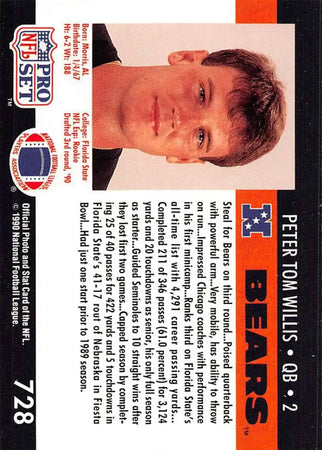 NFL Pro Set trading card featuring Peter Tom Willis of the Chicago Bears team