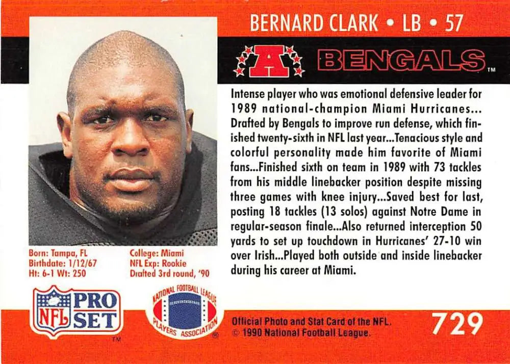 NFL trading card of Bernard Clark, Cincinnati Bengals linebacker, Pro Set #729