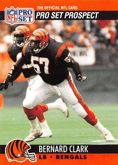 NFL Pro Set trading card of Bernard Clark, Cincinnati Bengals linebacker in black jersey
