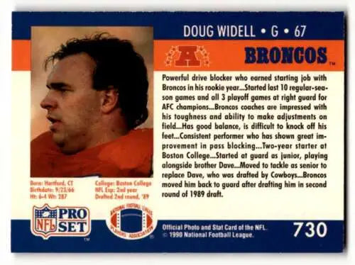 Doug Widell Denver Broncos football card with original gloss from 1990 Pro Set