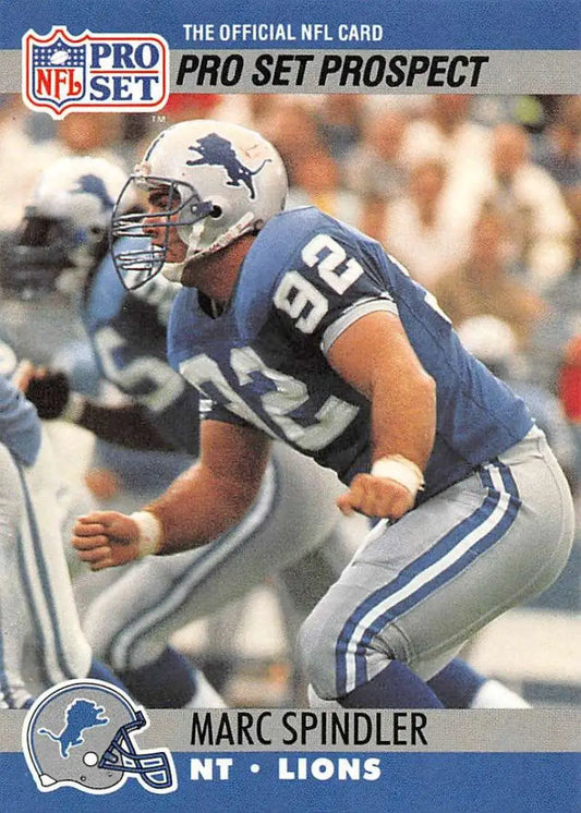 NFL Pro Set trading card featuring Marc Spindler, Detroit Lions defensive player #92