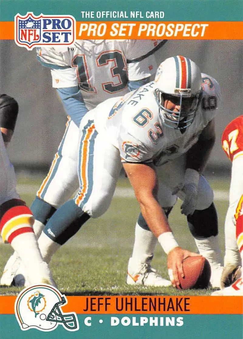 NFL Pro Set football card of Jeff Uhlenhake, Miami Dolphins player #73 in white uniform