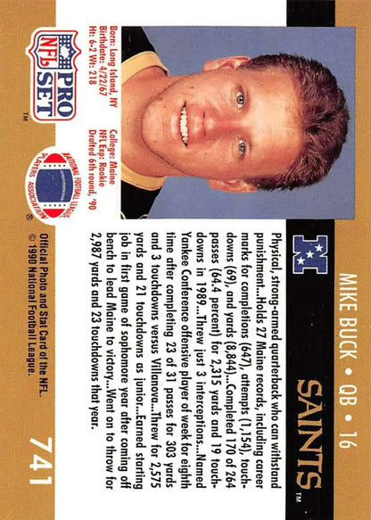 1990 Pro Set #741 Mike Buck NM-MT RC New Orleans Saints Football Card image