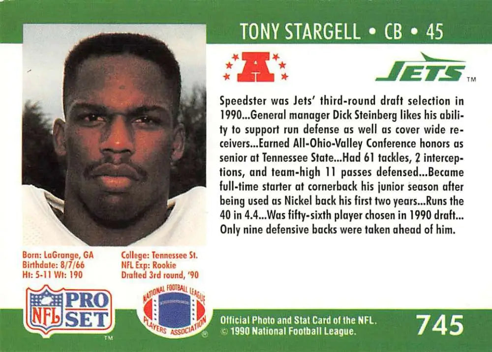 1990 Pro Set New York Jets Football Card of Tony Stargell wearing number 45