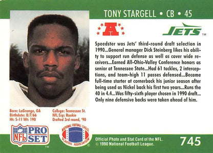 1990 Pro Set New York Jets Football Card of Tony Stargell wearing number 45