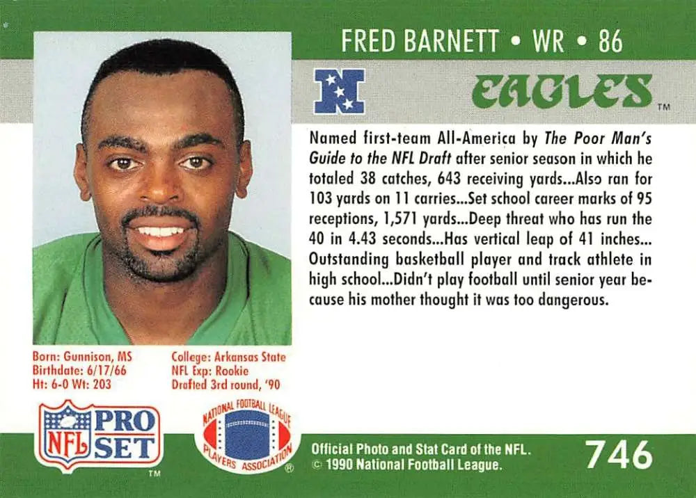 NFL Pro Set 1990 Fred Barnett Rookie Football Card for Philadelphia Eagles collectors
