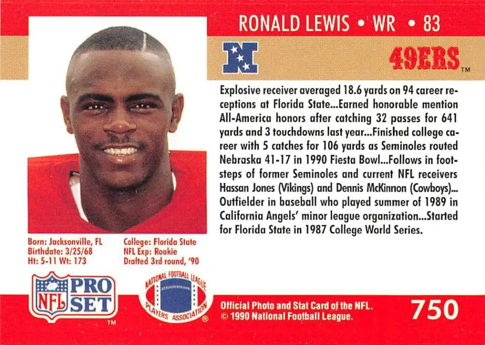 Football trading card of Ronald Lewis, San Francisco 49ers wide receiver #83