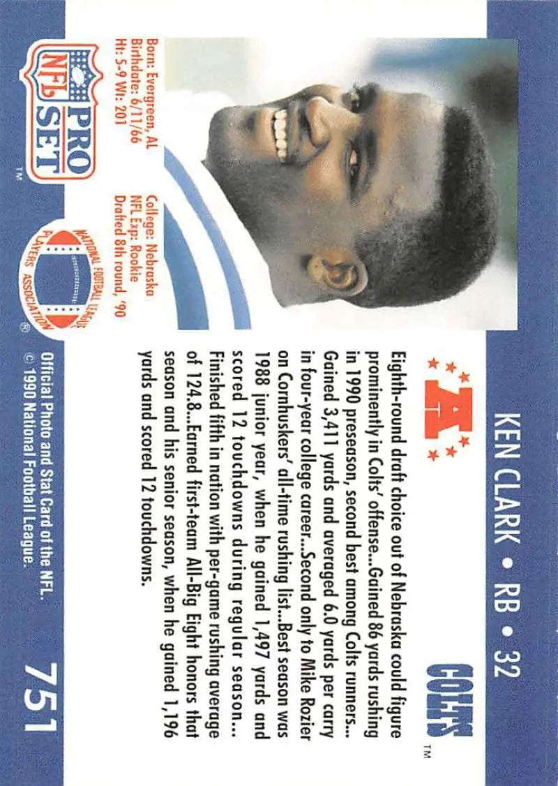1990 Pro Set Ken Clark football card featuring Indianapolis Colts blue and white design