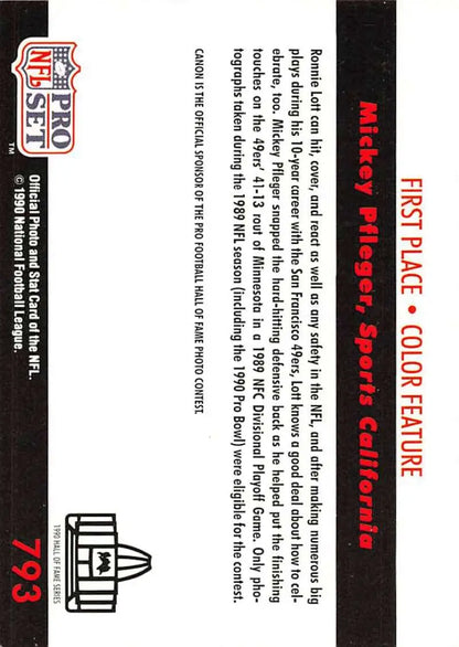 Pro Set NFL football trading card back featuring Ronnie Lott and San Francisco 49ers helmet icon