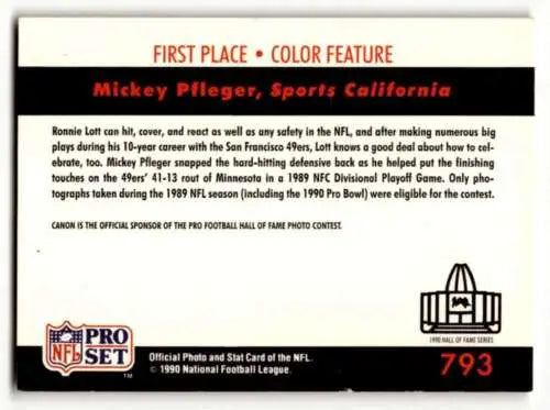 Football card back of 1990 Pro Set #793 Ronnie Lott San Francisco 49ers with original gloss