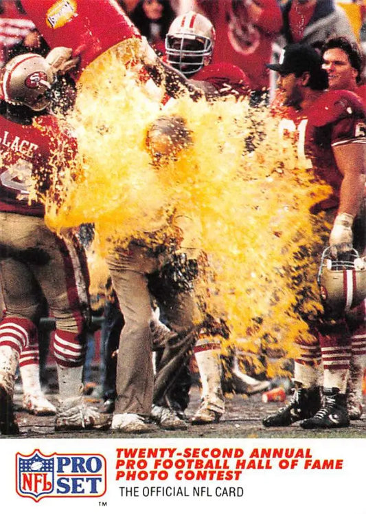 Bright yellow Gatorade shower on San Francisco 49ers sideline in Pro Set card