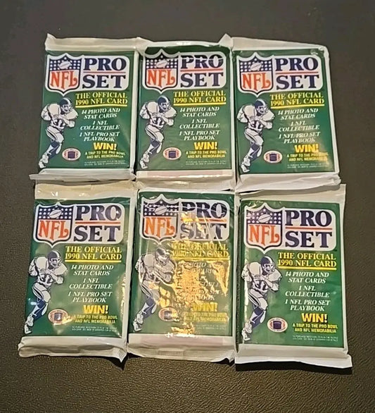 Six unopened packs of 1990 Pro Set Football Series 1 trading cards for collectors