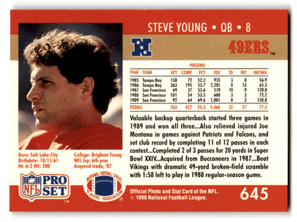 Pro Set football card featuring Steve Young 1990 set football Steve Young #645 San Francisco 49ers