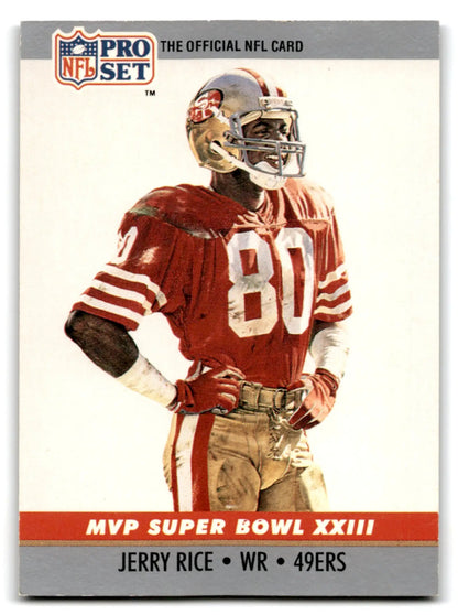 1989 Pro Set Jerry Rice football card displayed in 1990 Pro Set Jerry Rice Super Bowl MVP collectibles