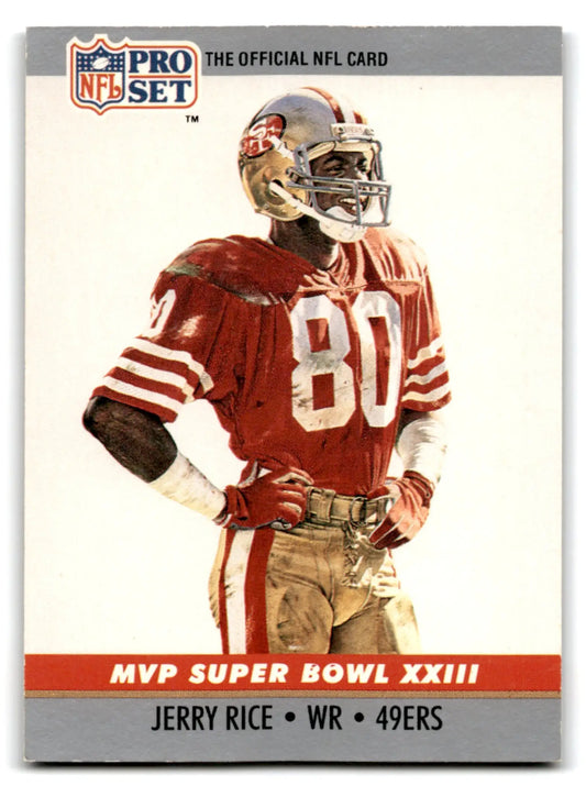 1989 Pro Set Jerry Rice football card displayed in 1990 Pro Set Jerry Rice Super Bowl MVP collectibles