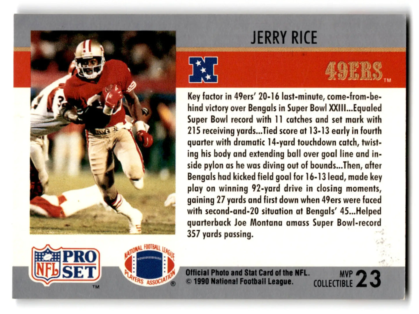 Vintage 1990 Pro Set Jerry Rice Super Bowl MVP trading card for 49ers collectibles