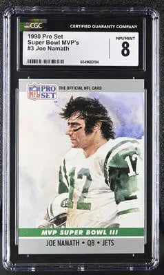 Graded Pro Set Joe Namath football card featuring Super Bowl MVPs CGC 8
