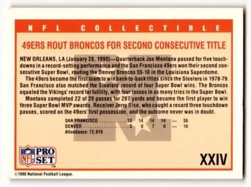NFL collectible card featuring original gloss from XXIV Super Bowl San Francisco 49ers
