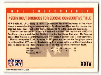 NFL collectible card featuring original gloss from XXIV Super Bowl San Francisco 49ers