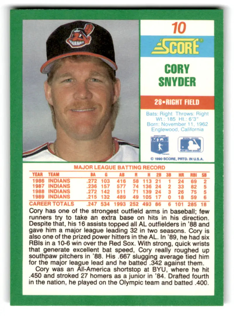1990 Score #10 Cory Snyder NM-MT Indians ID:70075 - Trading Cards