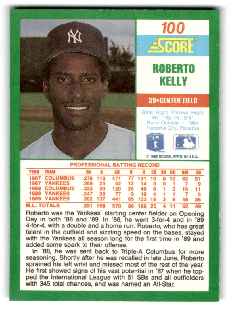 1990 Score #100 Roberto Kelly NM-MT Yankees ID:70080 - Trading Cards