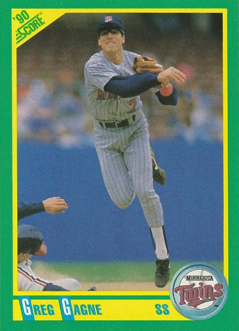 Greg Gagne leaping throw during a game, featured on Minnesota Twins baseball card