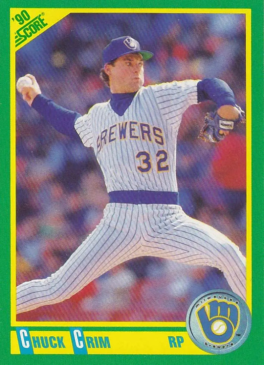 Chuck Crim pitching in a pinstriped uniform on a Milwaukee Brewers baseball card