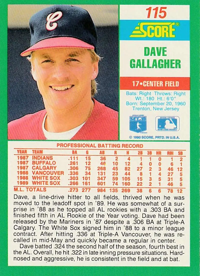 1990 Score #115 Dave Gallagher Chicago White Sox Baseball Card smiling player in cap