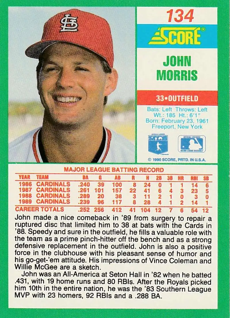 1990 Score Baseball Card of John Morris, St. Louis Cardinals player in red cap
