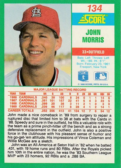 1990 Score Baseball Card of John Morris, St. Louis Cardinals player in red cap